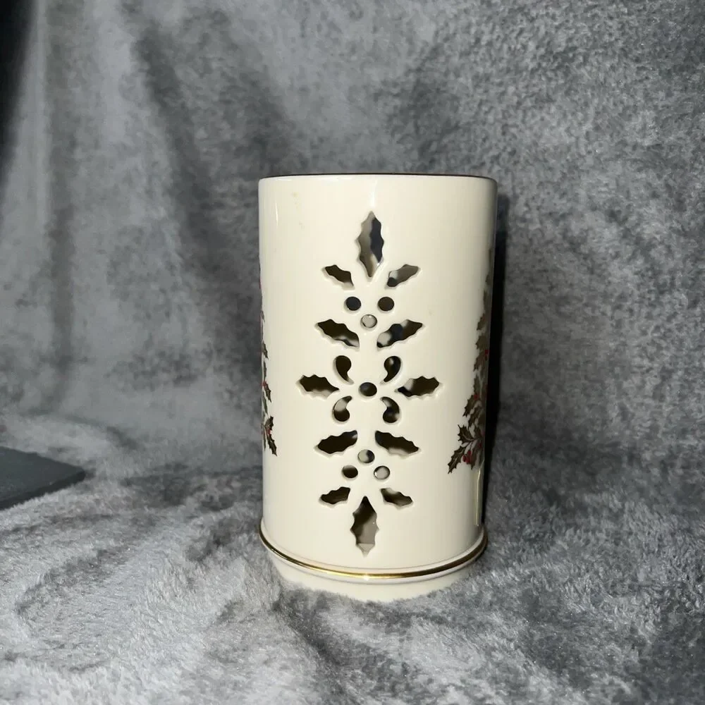 Lenox Eternal Christmas Tall Pierced Votive Candle Holder Porcelain Gold Tree